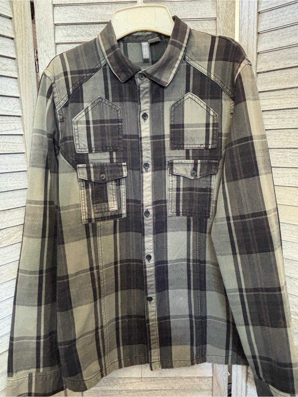 H&M DIVIDED Olive Plaid Western Utility Streetwear 100% Cotton Button-down Shirt - Picture 8 of 16